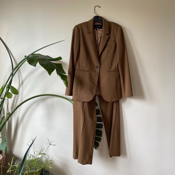 Vintage Pink Tartan 2pc Coffee Brown Blazer Pant Suit Set Size - Main Image